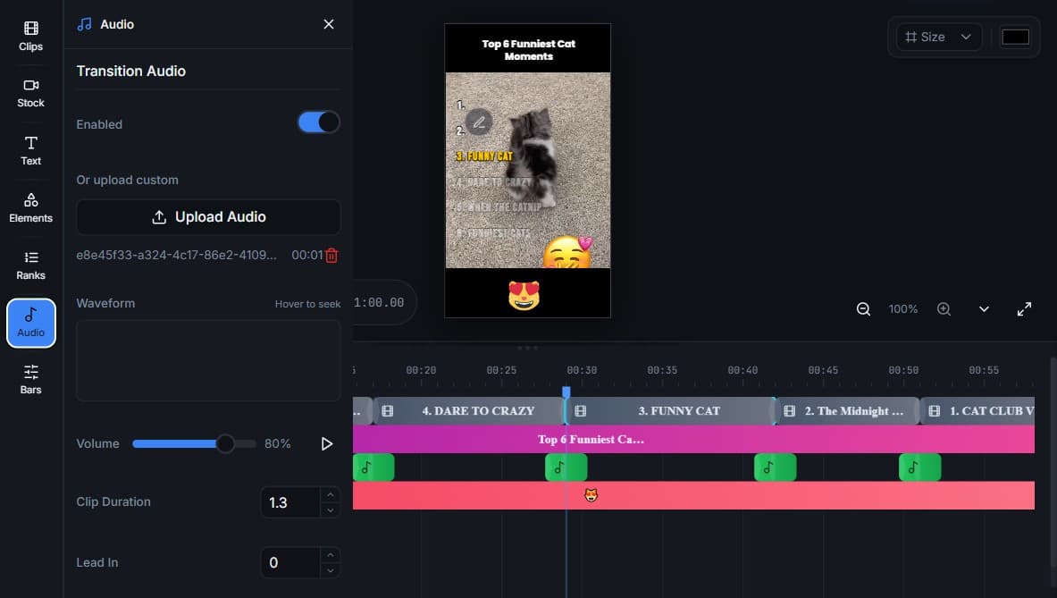 Transition audio settings panel with waveform controls